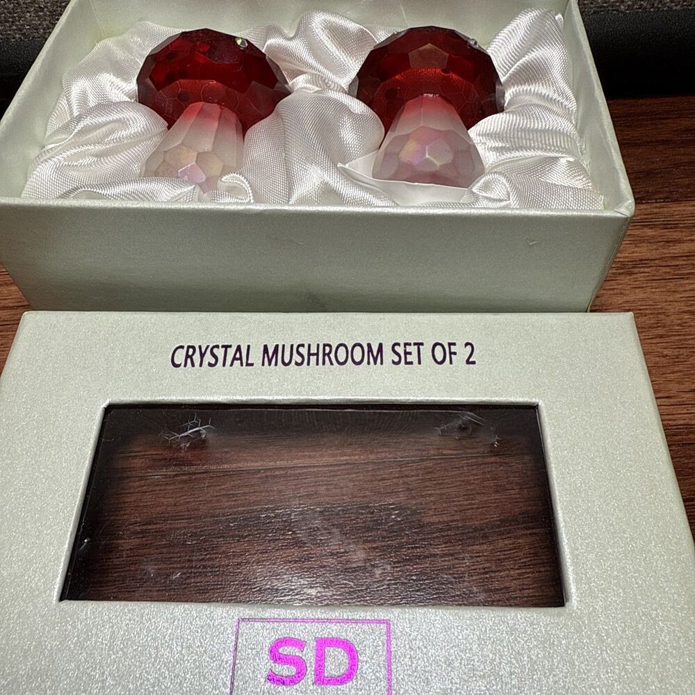 Simon Designs Crystal Red Mushroom Set Of 2 Figurines With Box